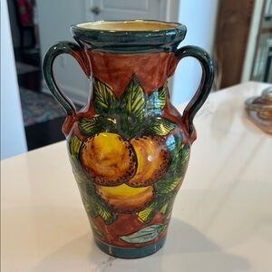 STUNNING VINTAGE TALEVERA Hand-Painted Ceramic Vase with Fruit Design